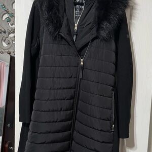 Calvin Klein Long Black Puffer Jacket with Hood and Faux Fur Trim
